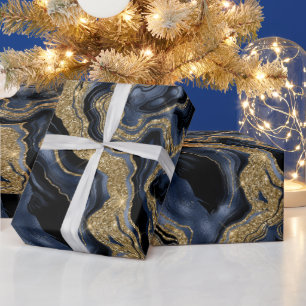 Elegante Navy Blue & Gold Glitter Agaat Verjaardag Cadeaupapier