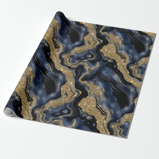 Elegante Navy Blue & Gold Glitter Agaat Verjaardag Cadeaupapier (Uitgerold)