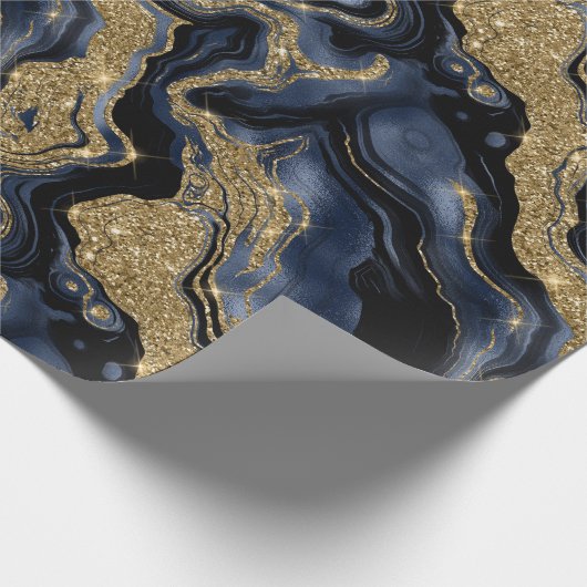 Elegante Navy Blue & Gold Glitter Agaat Verjaardag Cadeaupapier (Hoek)