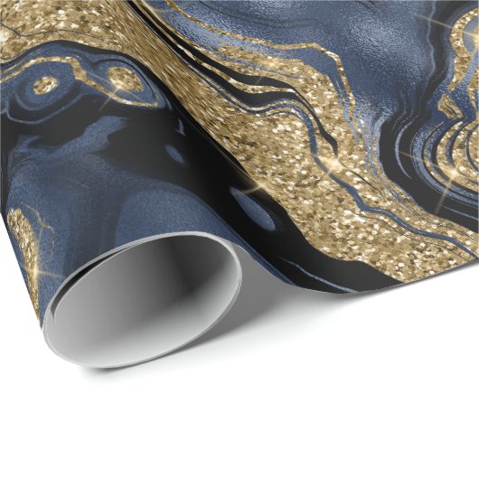 Elegante Navy Blue & Gold Glitter Agaat Verjaardag Cadeaupapier (Rol Hoek)