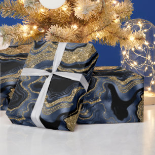 Elegante Navy Blue & Gold Glitter Agaat Verjaardag Cadeaupapier