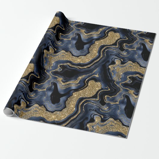 Elegante Navy Blue & Gold Glitter Agaat Verjaardag Cadeaupapier (Uitgerold)