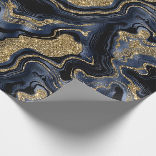 Elegante Navy Blue & Gold Glitter Agaat Verjaardag Cadeaupapier (Hoek)