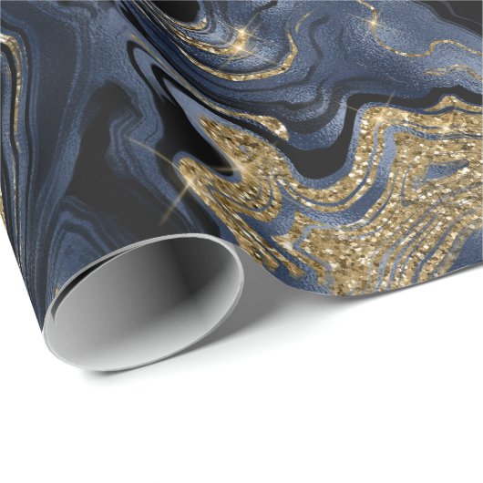 Elegante Navy Blue & Gold Glitter Agaat Verjaardag Cadeaupapier (Rol Hoek)