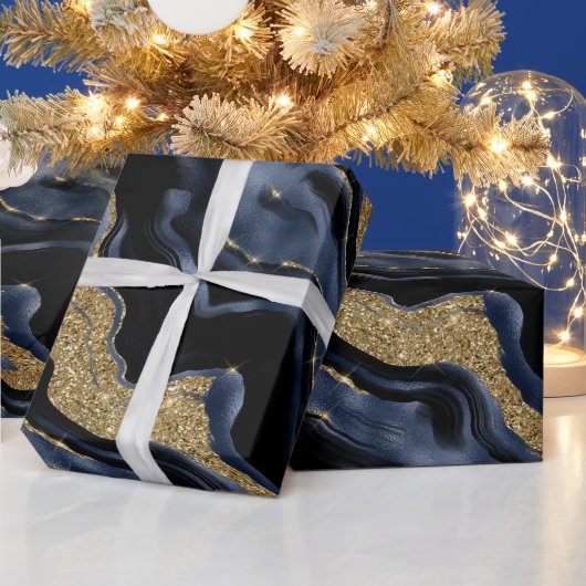 Elegante Navy Blue & Gold Glitter Agaat Verjaardag Cadeaupapier (Feestdagen)
