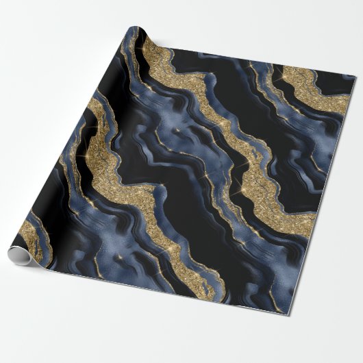 Elegante Navy Blue & Gold Glitter Agaat Verjaardag Cadeaupapier (Uitgerold)