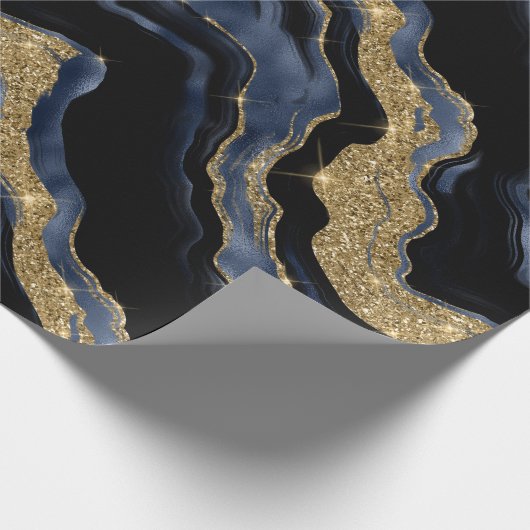 Elegante Navy Blue & Gold Glitter Agaat Verjaardag Cadeaupapier (Hoek)