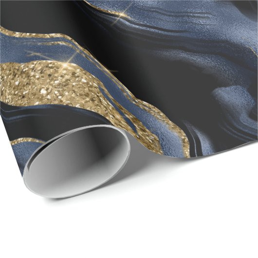 Elegante Navy Blue & Gold Glitter Agaat Verjaardag Cadeaupapier (Rol Hoek)