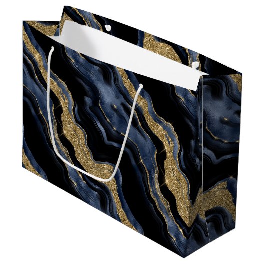 Elegante Navy Blue & Gold Glitter Agaat Verjaardag Groot Cadeauzakje (Voorkant Gekanteld)