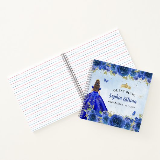 Elegante Navy Blue Gold Glitter Floral Quinceañera Notitieboek (Binnen)