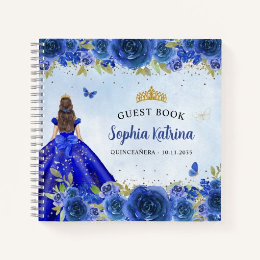 Elegante Navy Blue Gold Glitter Floral Quinceañera Notitieboek (Voorkant)