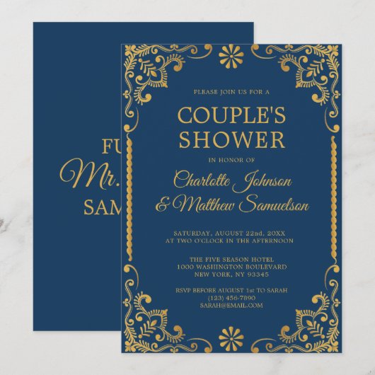 Elegante Navy Blue Gold Lijst Engagement Party Kaart (Voorkant / Achterkant)