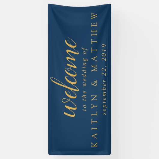 Elegante Navy Blue Gold Lijst Wedding Party Banner (Verticaal)