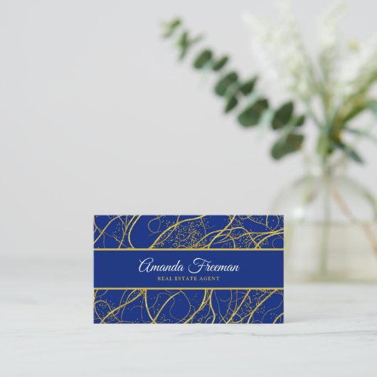 Elegante Navy Blue & Gold Luxe Makelaar Visitekaartje (Staand voorkant)
