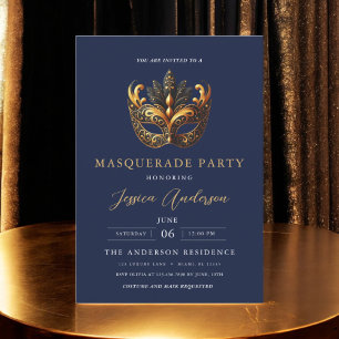 Elegante Navy Blue Gold Masquerade Party Verjaarda Kaart