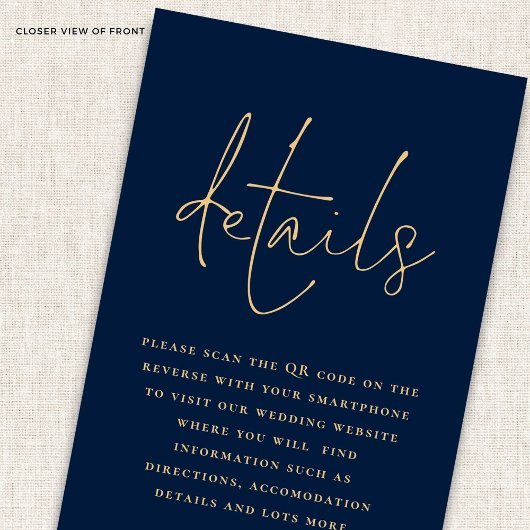 Elegante Navy Blue Gold QR Code Wedding Details Informatiekaartje