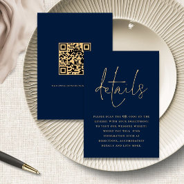 Elegante Navy Blue Gold QR Code Wedding Details Informatiekaartje