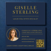 Elegante Navy Blue Gold Real Estate Agent QR Code Visitekaartje