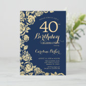 Elegante Navy Blue Gold Rozen 40e verjaardag Kaart (Staand voorkant)