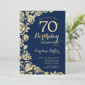 Elegante Navy Blue Gold Rozen 70e verjaardag Kaart (Staand voorkant)