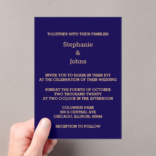 Elegante Navy Blue Gold Script Modern Cool Wedding Acryl Uitnodigingen (Insitu (Draagbaar))