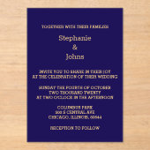 Elegante Navy Blue Gold Script Modern Cool Wedding Acryl Uitnodigingen (Voorkant)