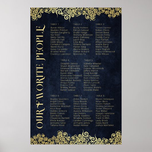 Elegante Navy Blue Gold Swirl Wedding-zetelkaart Poster (Voorkant)