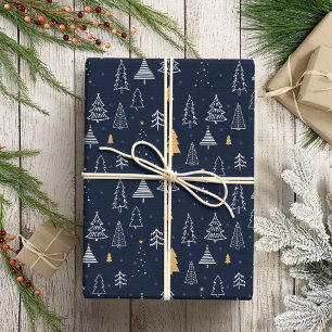 Elegante Navy Blue & Gold Tree Kerstmis Cadeaupapier