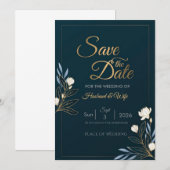 Elegante Navy Blue Gouden Bloemige Save the Date K (Voorkant / Achterkant)