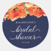 Elegante Navy Blue Gouden Klaproos Bruidsdouche Ronde Sticker (Voorkant)