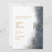 Elegante Navy Blue Gouden Marmeren Trouw Save The Date (Voorkant)