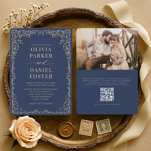 Elegante Navy Blue Gouden QR Code Foto Bruiloft Kaart