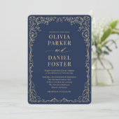 Elegante Navy Blue Gouden QR Code Foto Bruiloft Kaart (Staand voorkant)