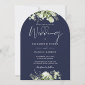 Elegante Navy Blue Greenery QR Code Wedding Arch Kaart (Voorkant)