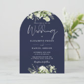 Elegante Navy Blue Greenery QR Code Wedding Arch Kaart (Staand voorkant)