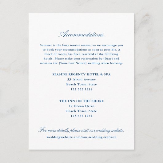 Elegante Navy Blue Hotelaccommodatie Informatiekaartje (Voorkant)