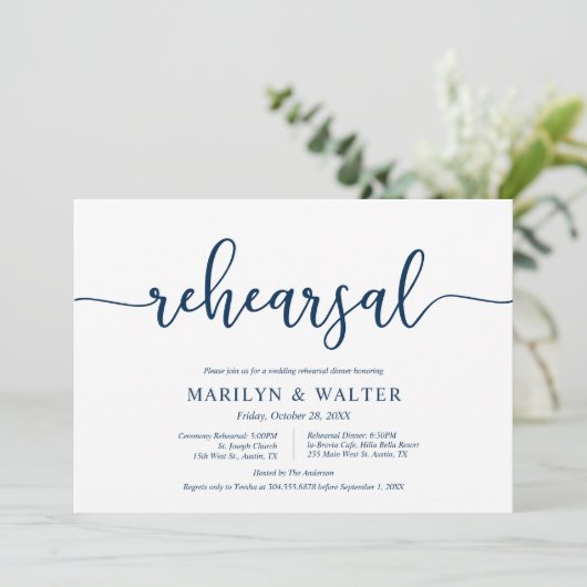 Elegante Navy Blue, Huwelijksrepetitie en diner Kaart (Staand voorkant)