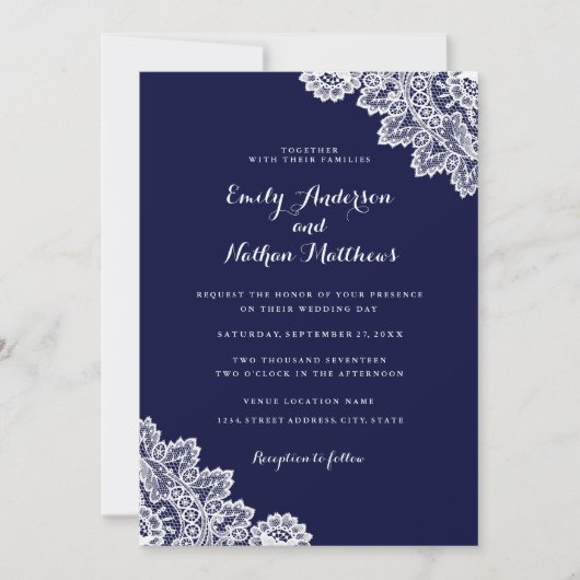 Elegante Navy Blue Kanten Trouwuitnodiging Kaart (Voorkant)