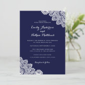 Elegante Navy Blue Kanten Trouwuitnodiging Kaart (Staand voorkant)