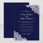 Elegante Navy Blue Kanten Trouwuitnodiging Kaart (Voorkant / Achterkant)