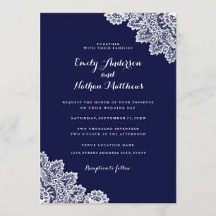 Elegante Navy Blue Kanten Trouwuitnodiging Kaart