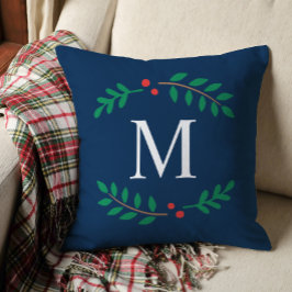 Elegante Navy Blue Laurier Monogram Kerstmis Kussen