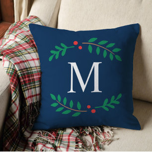 Elegante Navy Blue Laurier Monogram Kerstmis Kussen