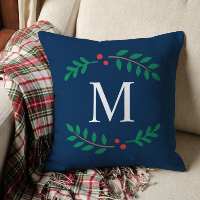Elegante Navy Blue Laurier Monogram Kerstmis Kussen (Creator heeft geüpload)