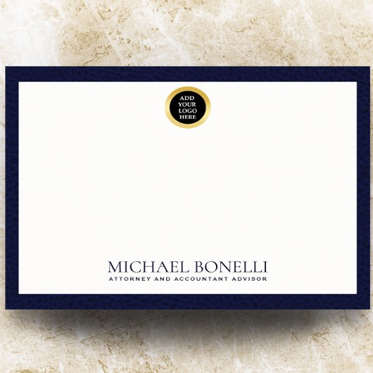 Elegante Navy Blue Leather Gold Round Logo Monogra Notitiekaartje