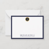 Elegante Navy Blue Leather Gold Round Logo Monogra Notitiekaartje (Voorkant)