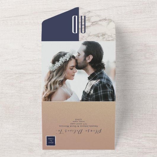 Elegante Navy Blue Marble bruiloft All In One Uitnodiging (Buitenkant)