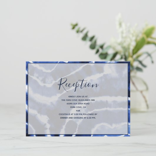 Elegante Navy Blue Marble Tie Dye bruiloft recepti Informatiekaartje (Staand voorkant)