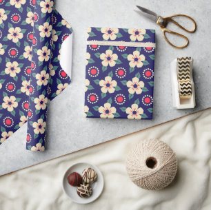 Elegante Navy Blue met Crème Bloemen Wrapping Pape Cadeaupapier