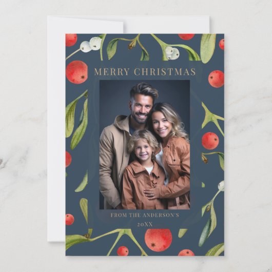 Elegante Navy Blue Mistletoe Holiday Photo Card Kaart (Voorkant)